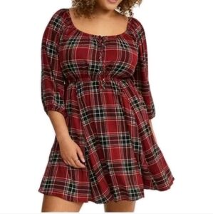 Torrid Mini Dress Woman Plus Sz 4X May Plaid Jester Red Babydoll Washable Gauze